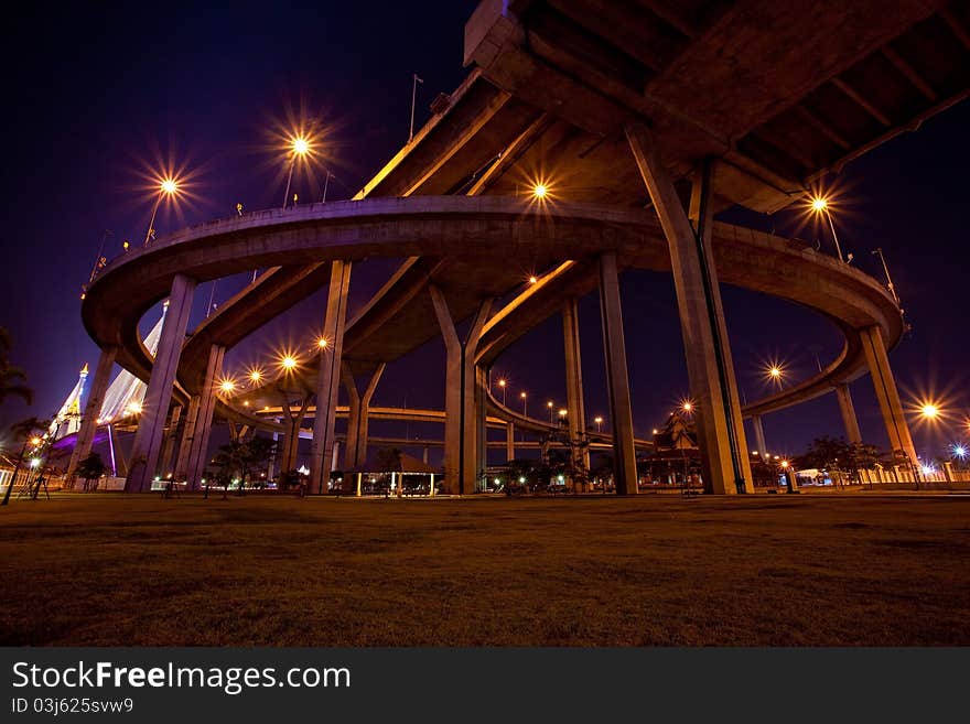 Bhumibol Bridge at night in Thailand