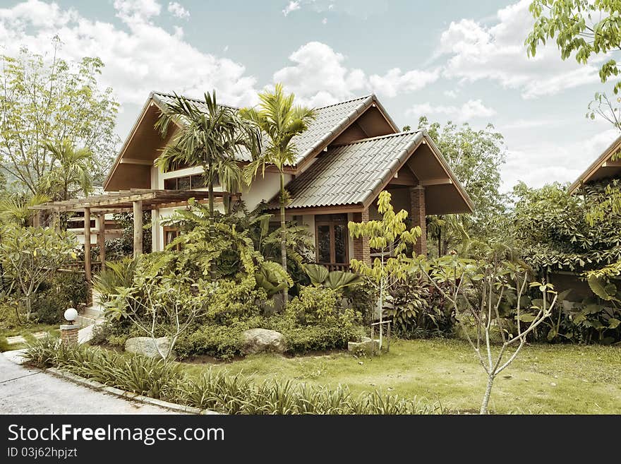 View of nice stylish summer villa in tropic environment. View of nice stylish summer villa in tropic environment