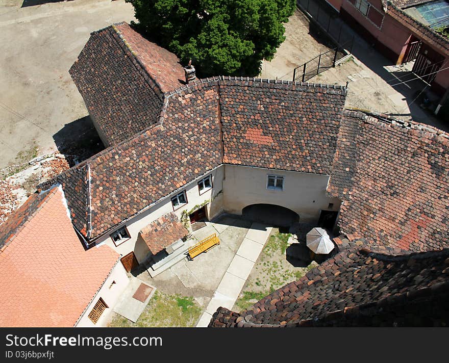 Red roofs - top view of a romanian village.