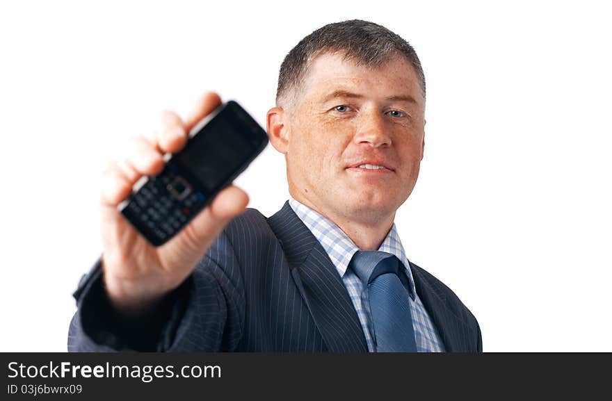 Close-up of an elder smiling man holding and showing his mobile. Close-up of an elder smiling man holding and showing his mobile.