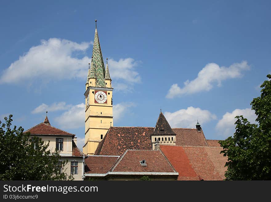 Church tower in medieval city Medias, Romania