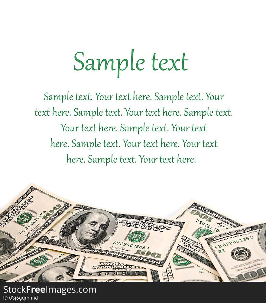 American dollars on a white background with sample text