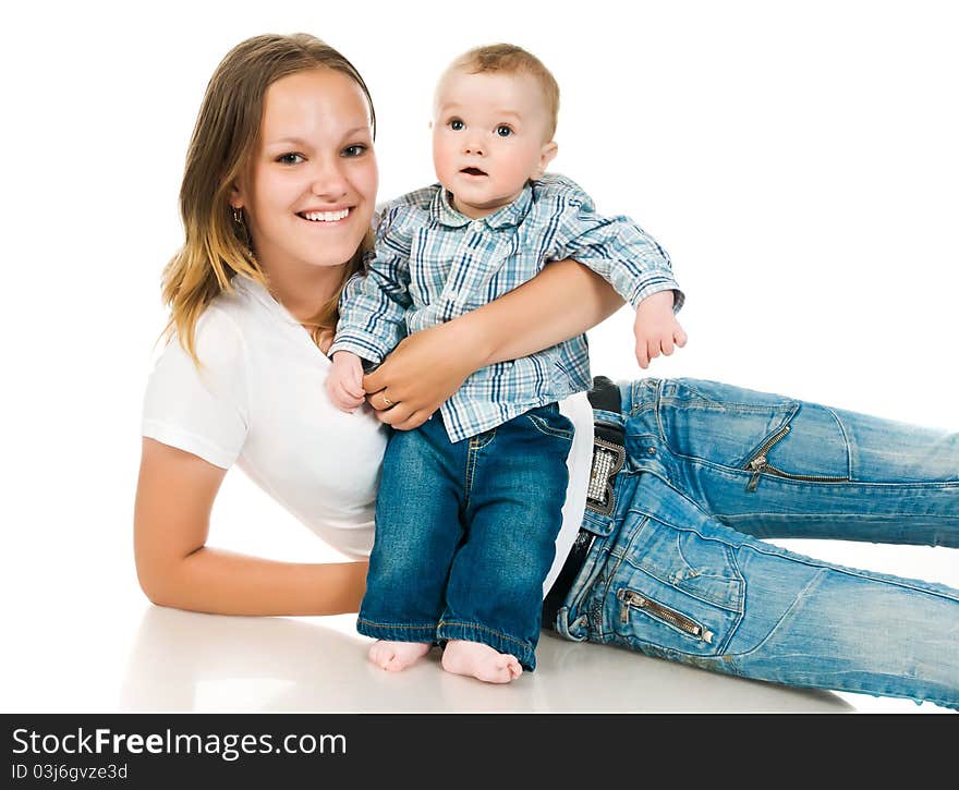 Happy mother with a baby on a white background