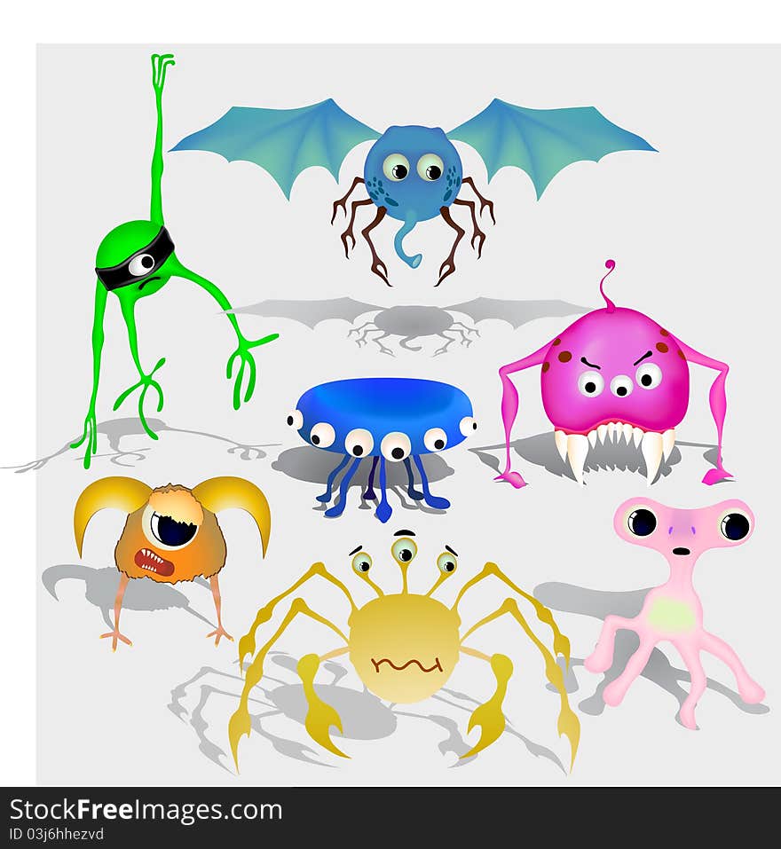 Vector set of multi-colored aliens and the monsters having different actions. Vector set of multi-colored aliens and the monsters having different actions