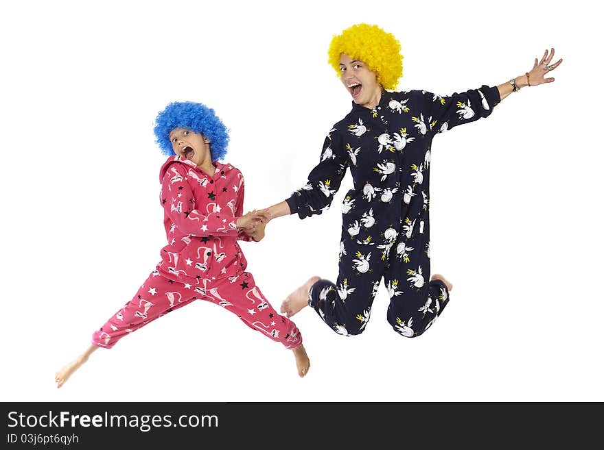 Clowns jumping on the white background. Clowns jumping on the white background