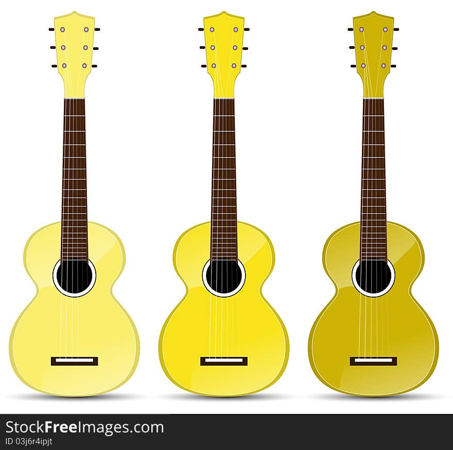 Set of yellow classical acoustic guitar isolated on white