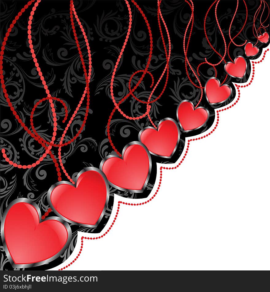 Glossy red hearts hanging diagonal on black and white background. Glossy red hearts hanging diagonal on black and white background