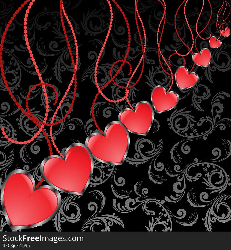 Glossy red hearts hanging diagonal on a black background. Glossy red hearts hanging diagonal on a black background