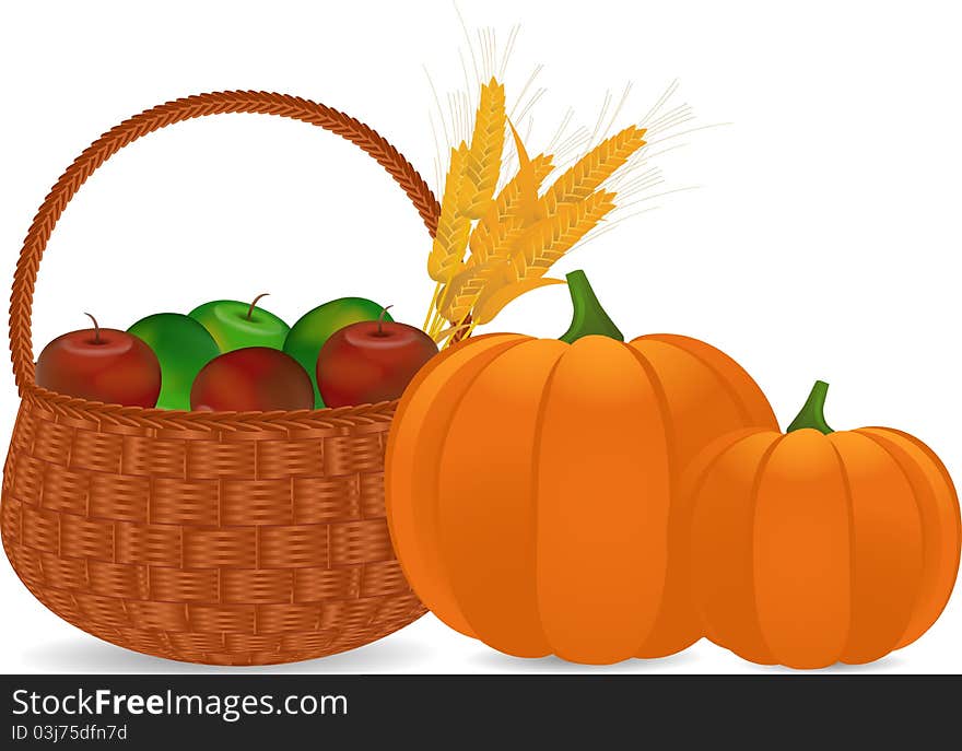 Pumpkins and wicker basket filled with apples and corn. Pumpkins and wicker basket filled with apples and corn