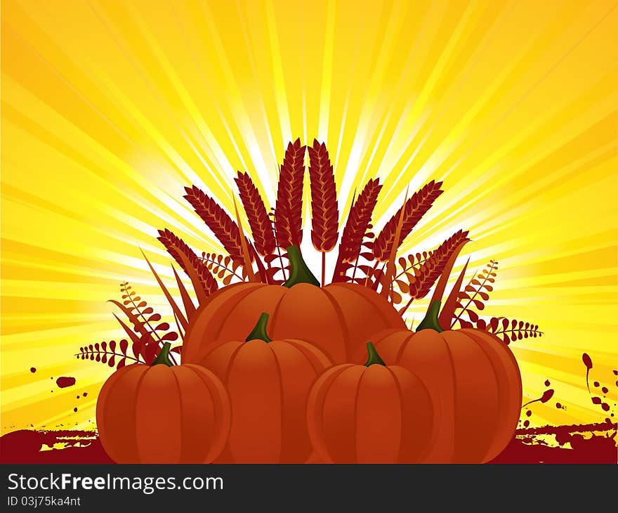 Ripe pumpkins and silhouete corn on a sunburst background. Ripe pumpkins and silhouete corn on a sunburst background