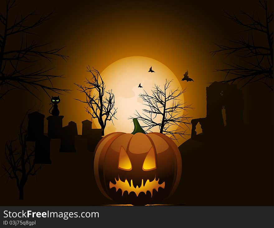 Pumpkin with carved face in front of grave yard scene with black cat sitting on a grave stone. Pumpkin with carved face in front of grave yard scene with black cat sitting on a grave stone