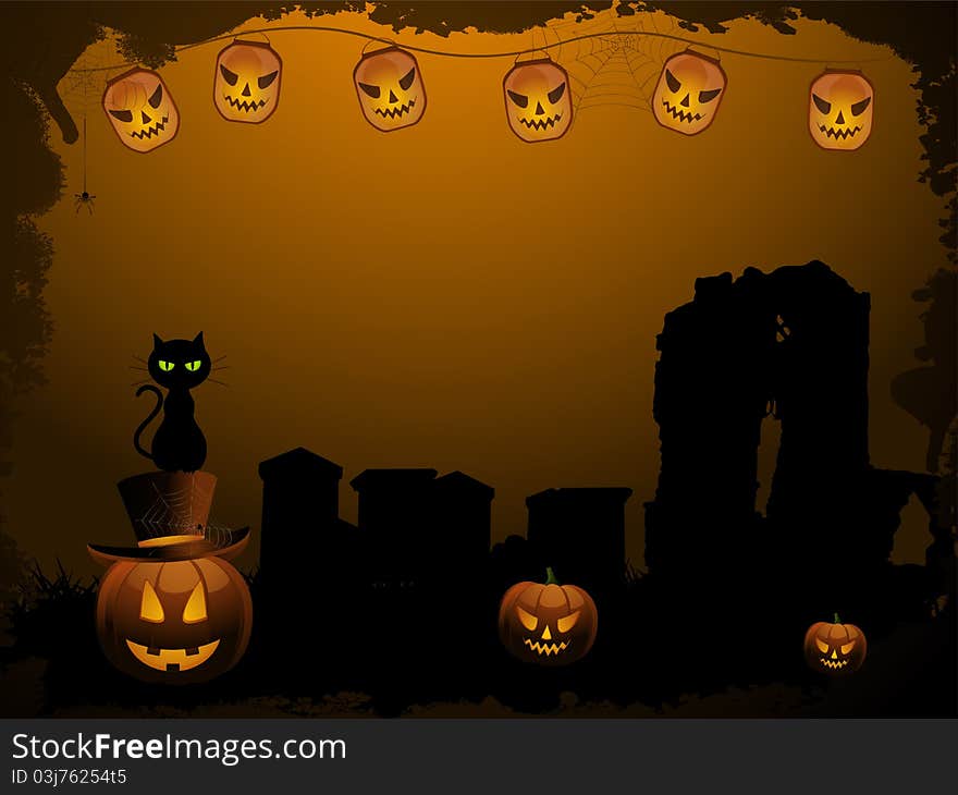 Halloween background with lanterns, abbey, grave yard, black cat and pumpkins. Halloween background with lanterns, abbey, grave yard, black cat and pumpkins