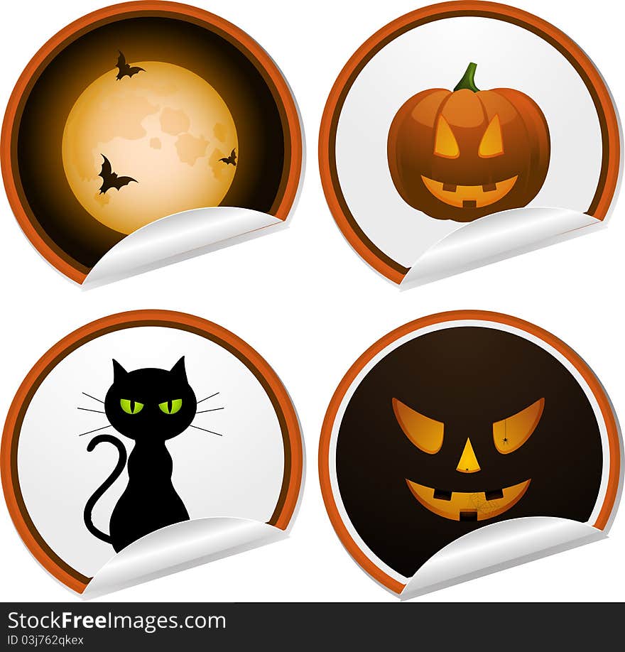 Set of halloween stickers with bats, pumpkin, full moon, black cat and scary face