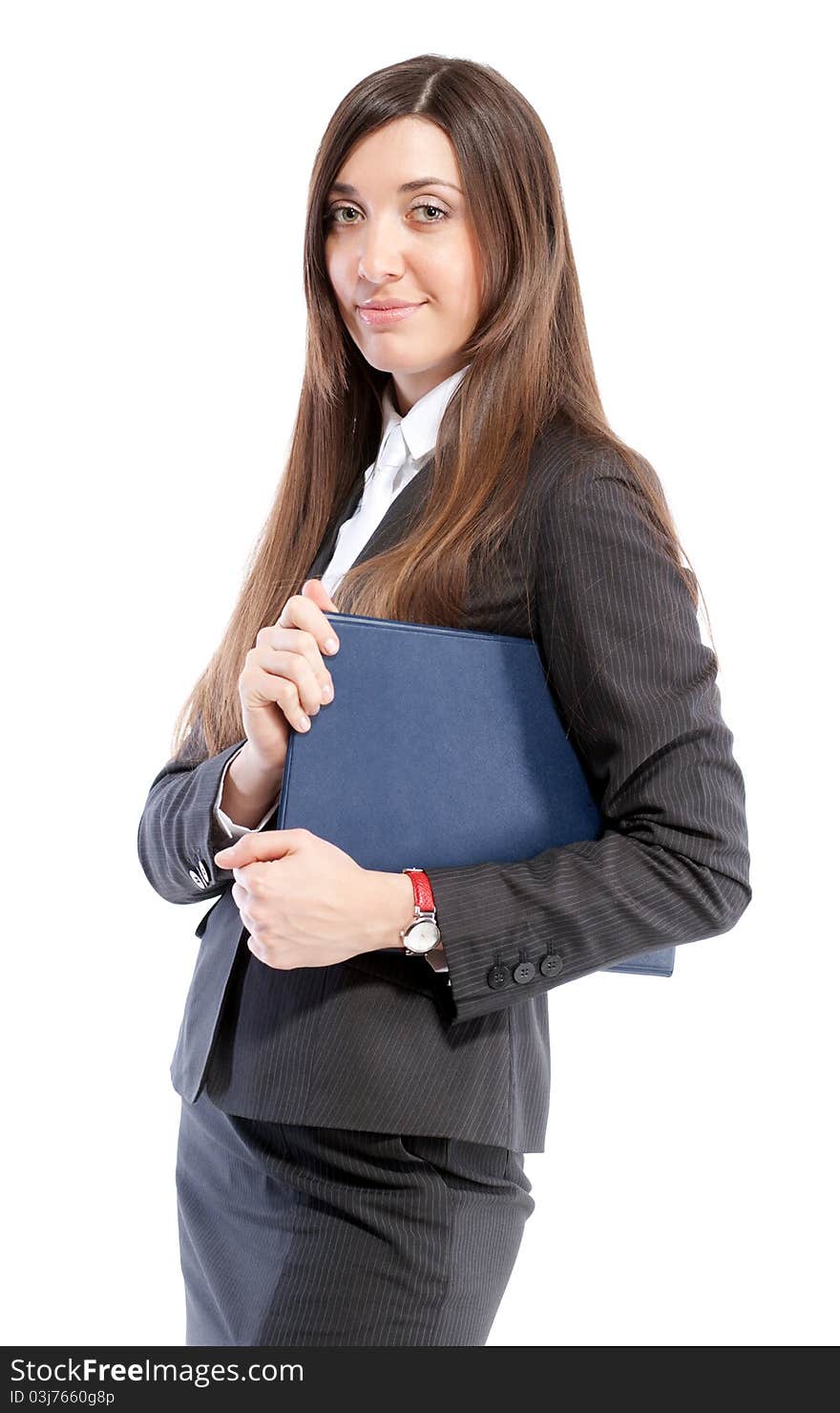 Portrait of young girl in business suit on white. Portrait of young girl in business suit on white