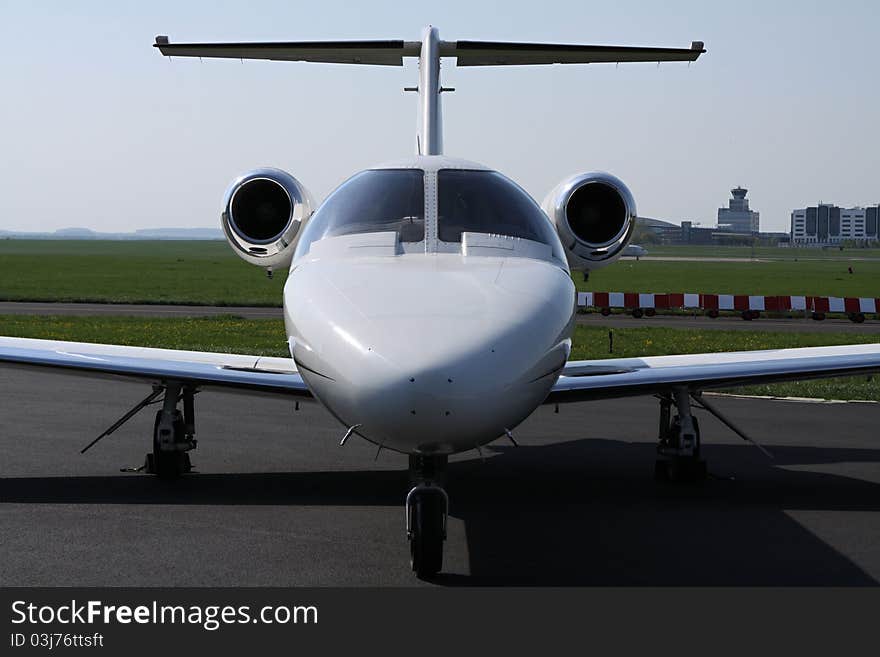 Frontal view of the light business jet. Frontal view of the light business jet