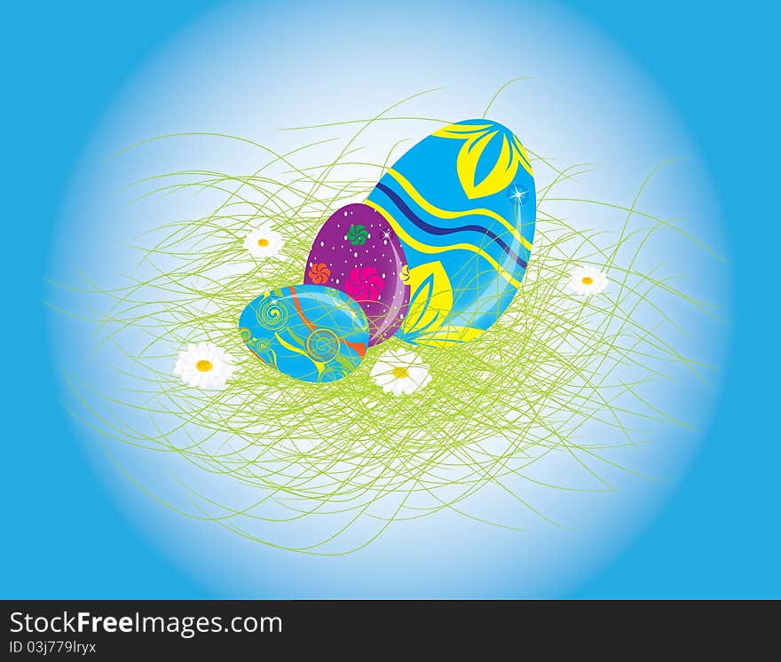 Eastern Rabbit searching eggs color holiday background Illustration