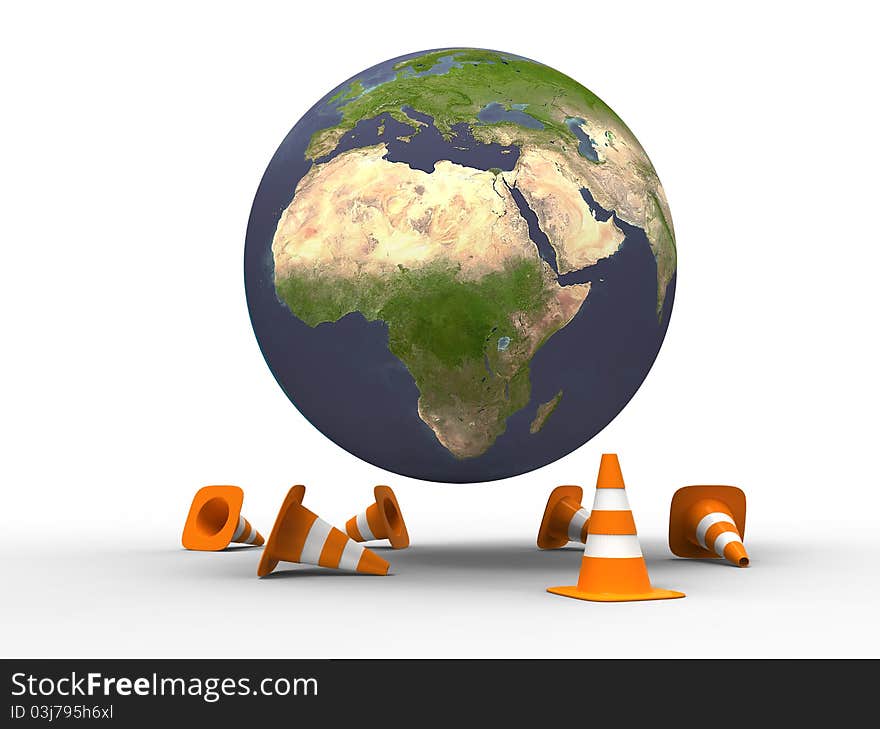 3d illustration of a world under construction with traffic cones on white background. 3d illustration of a world under construction with traffic cones on white background