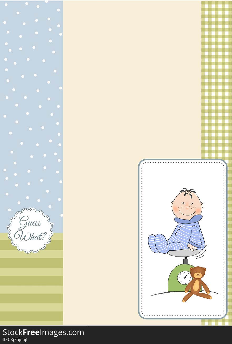 New baby arrived card with little baby and teddy bear