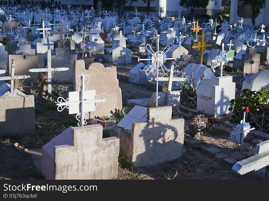 Graveyard with different kinds of crosses.