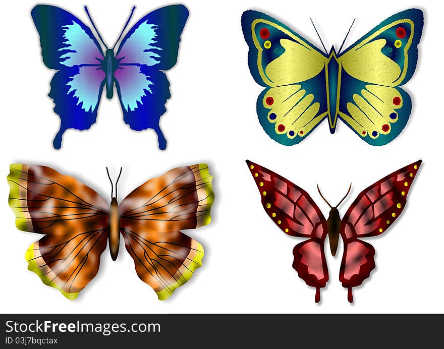 A colorful collection of four different types of butterflies on a white background. A colorful collection of four different types of butterflies on a white background