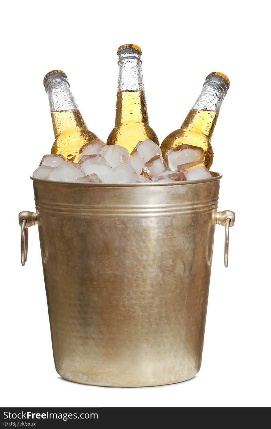 Bottles of beer are in ice bucket on white background