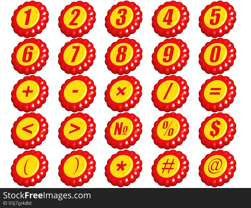 Set of numbers from 0 to 9 and mathematical signs in a kind 3D figures on a white background. Set of numbers from 0 to 9 and mathematical signs in a kind 3D figures on a white background.