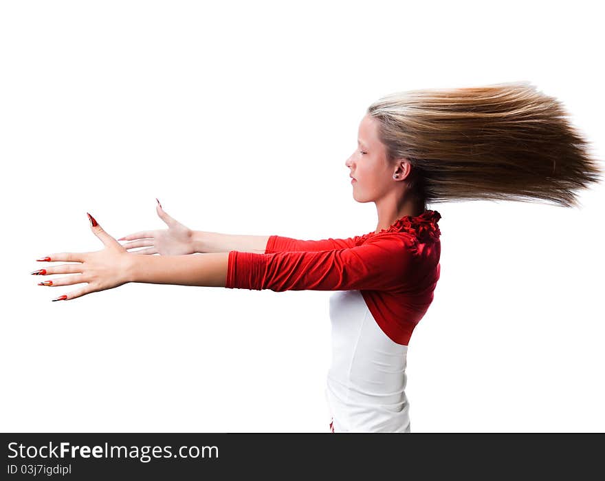 Portrait of young hypnotized girl with hands stretched forward and hair fluttering on strong wind on isolated white background. Portrait of young hypnotized girl with hands stretched forward and hair fluttering on strong wind on isolated white background