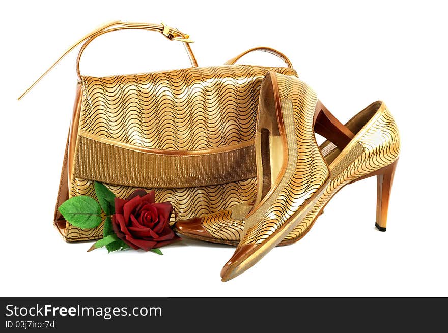 Classic woman purse and shoe isolated on a white background. Classic woman purse and shoe isolated on a white background