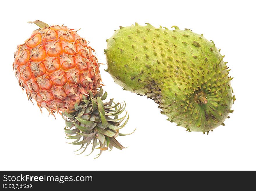 Tropical Fruits Pineapple And Soursop Isolated On White Background