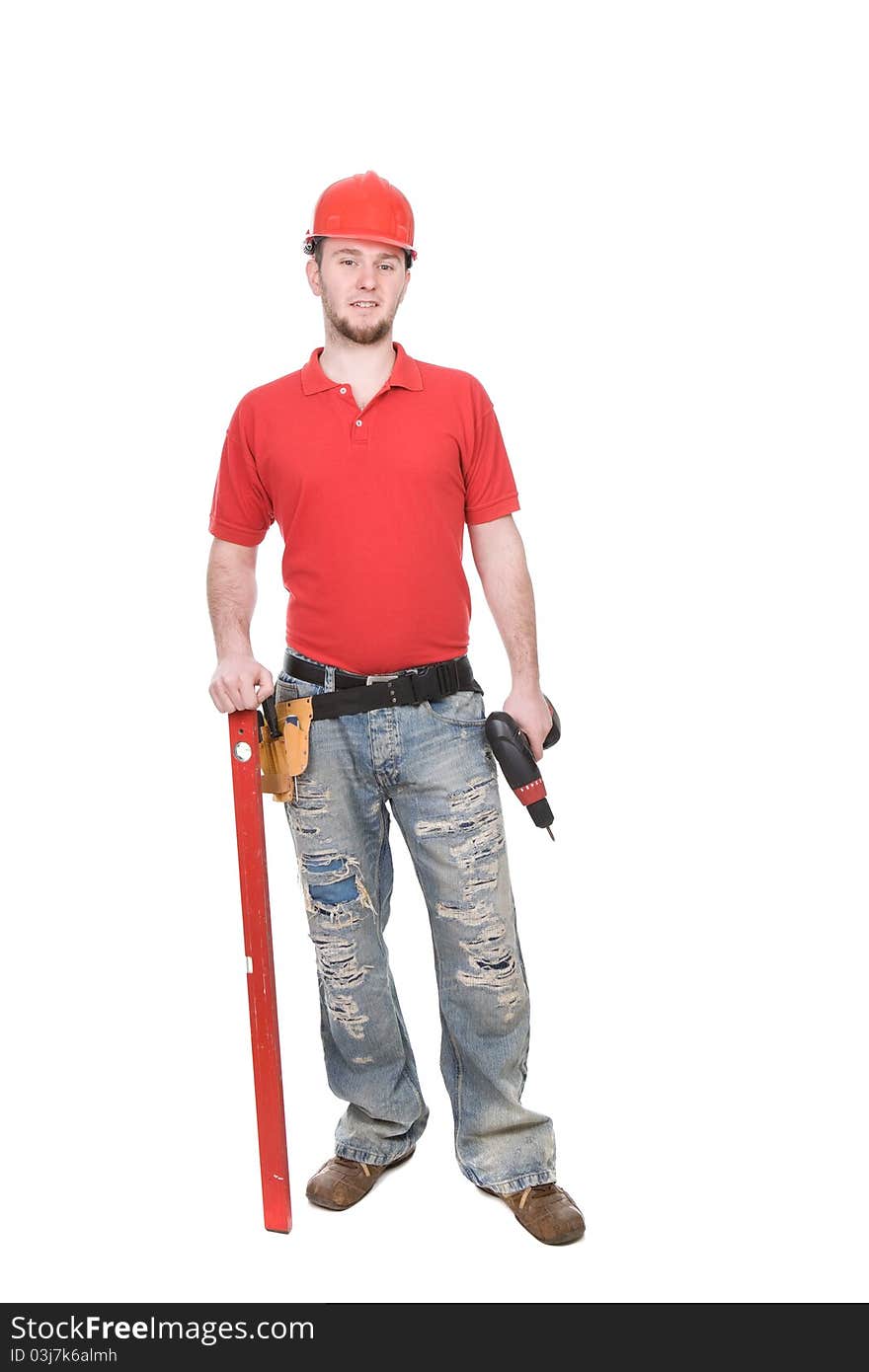 Young adult worker over white background