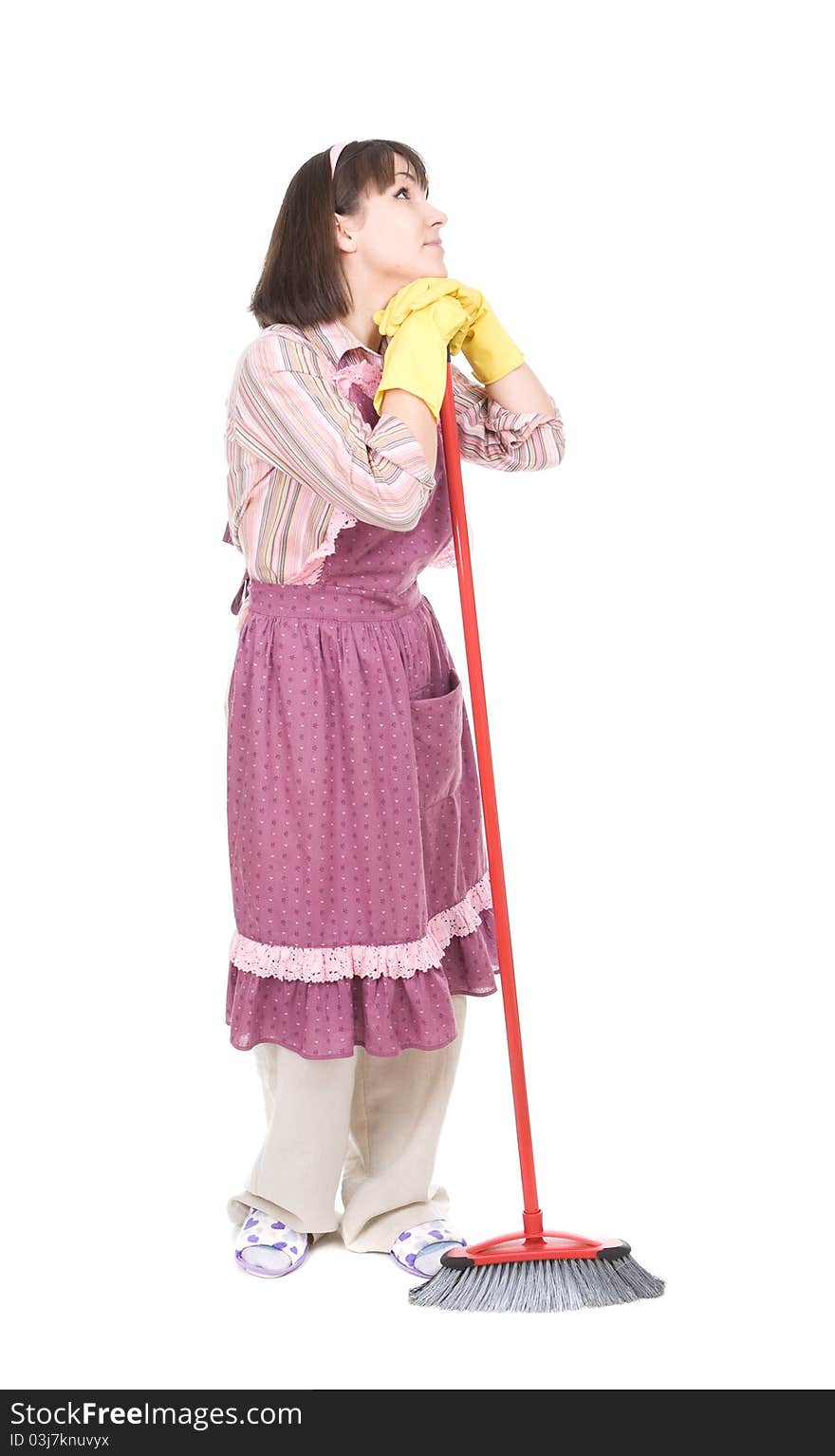 Young adult woman doing housework. over white background