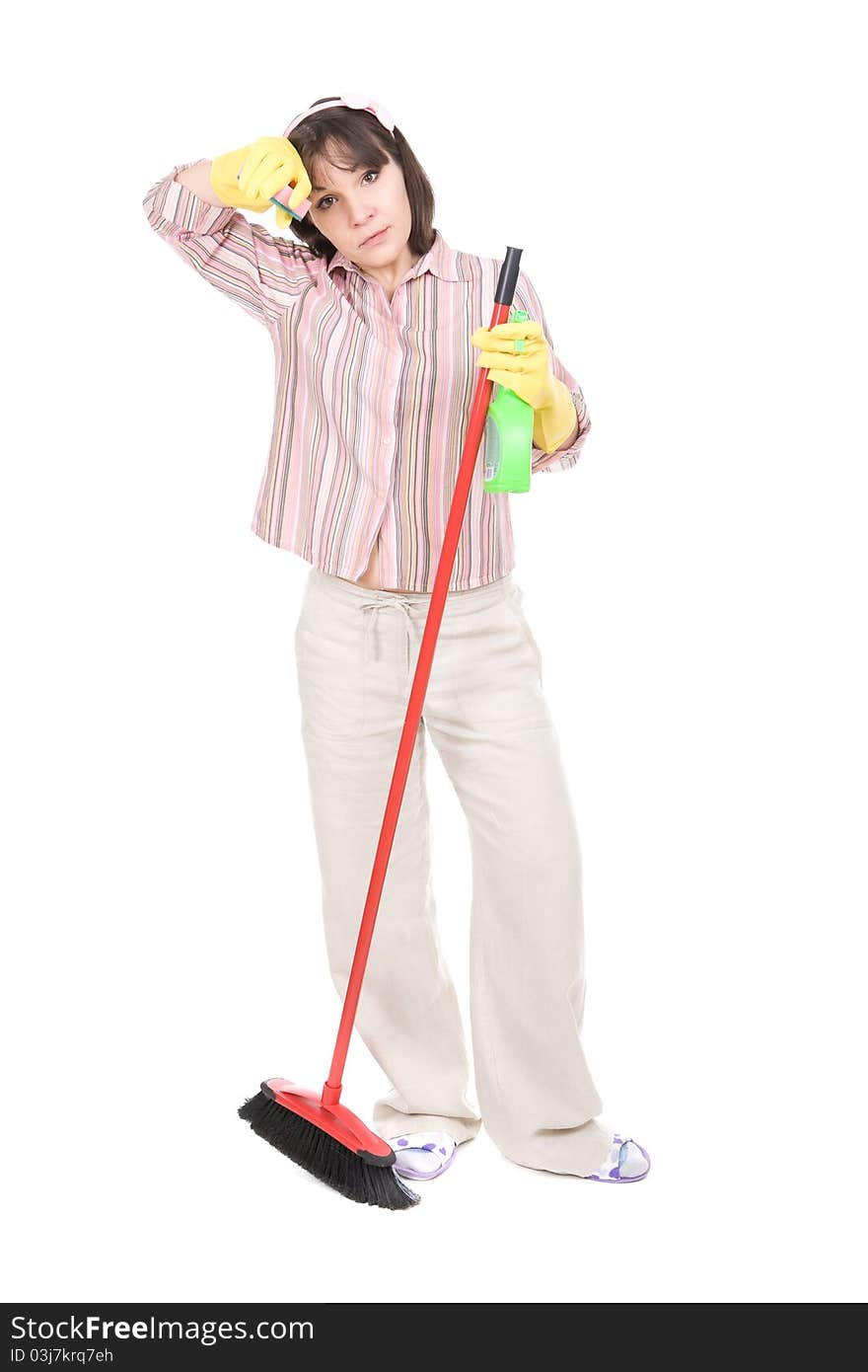 Young adult woman doing housework. over white background