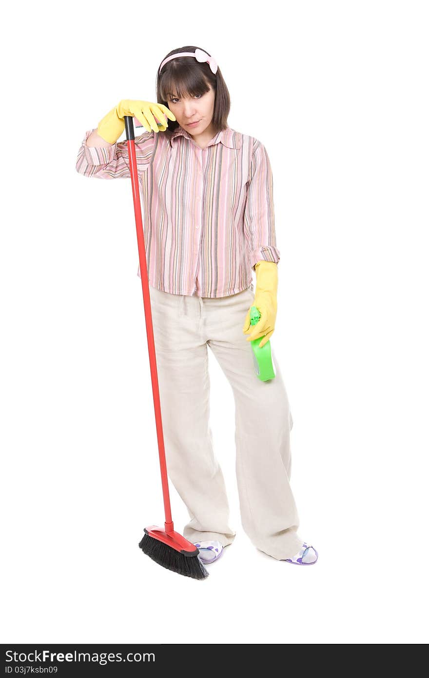 Young adult woman doing housework. over white background