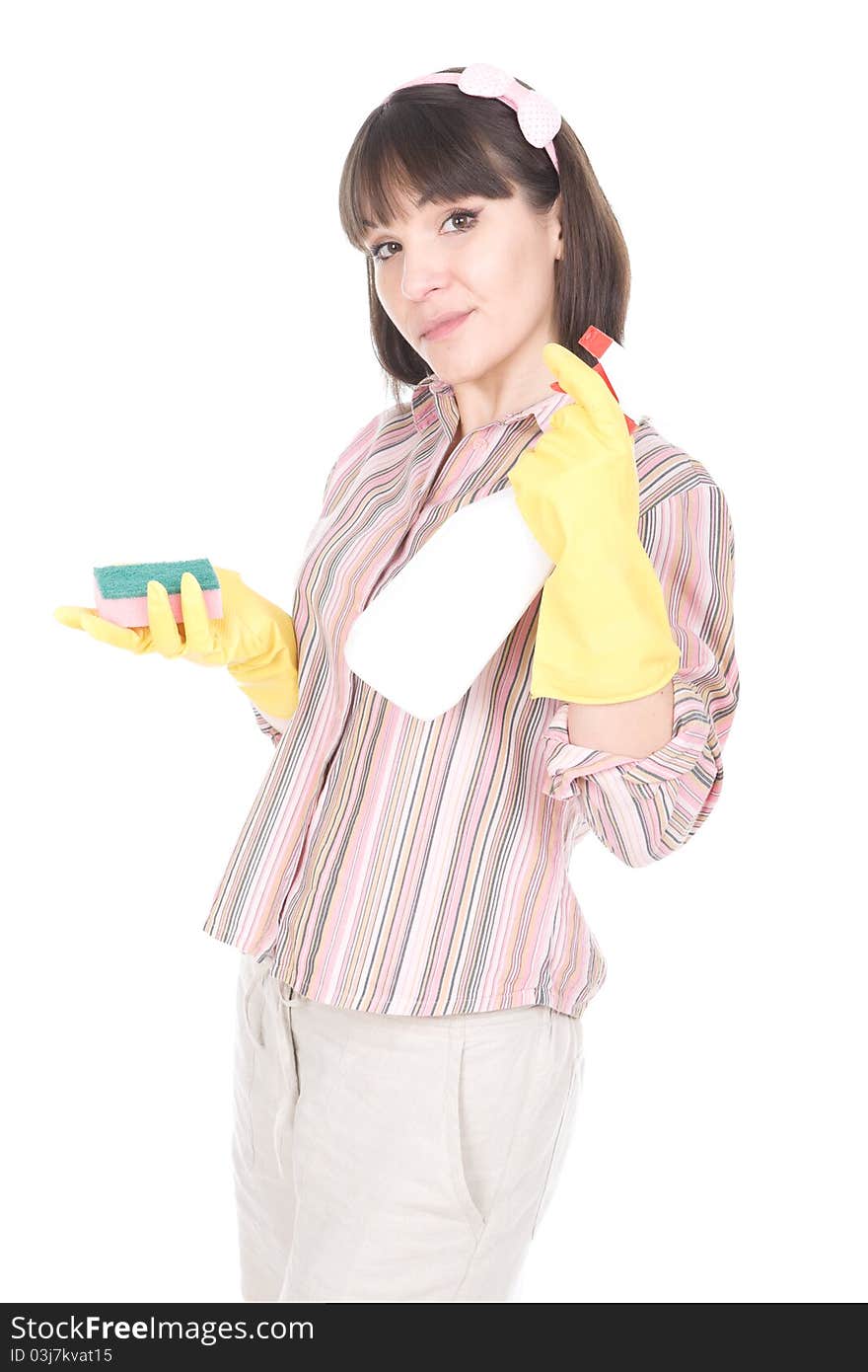 Young adult woman doing housework. over white background