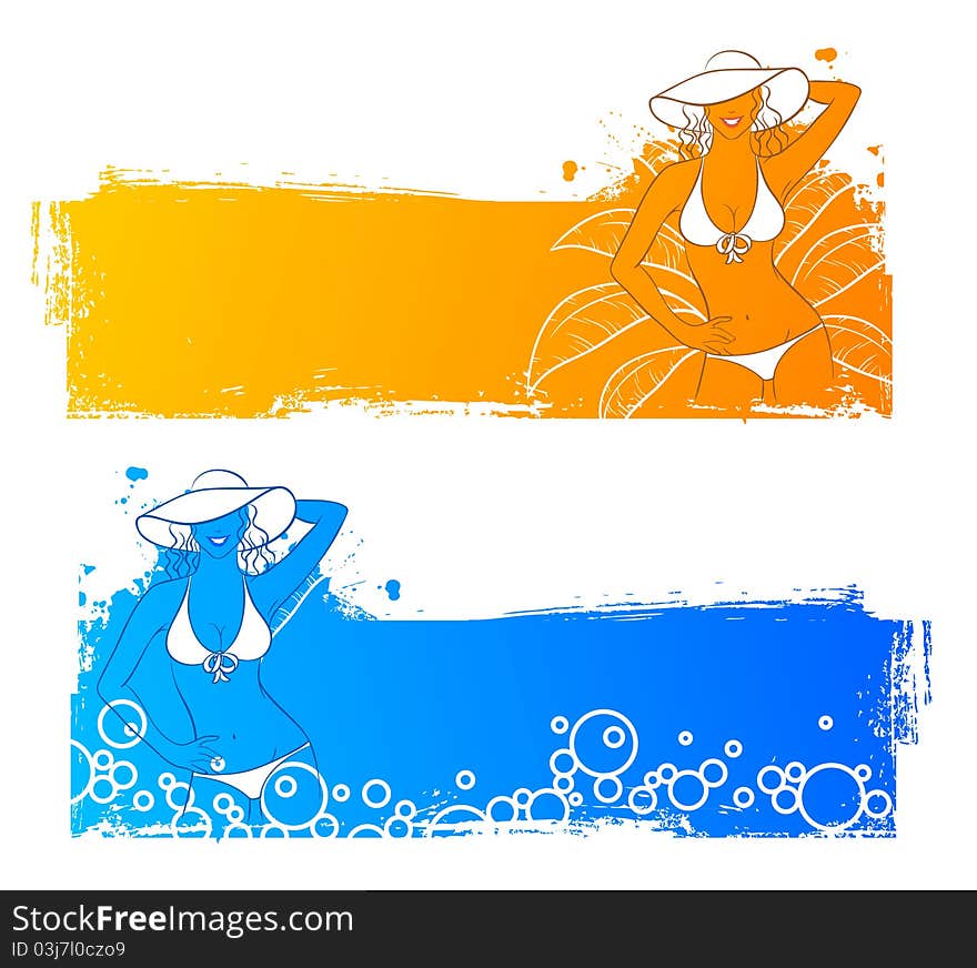 Vector illustration of Grunge banners with woman's silhouette