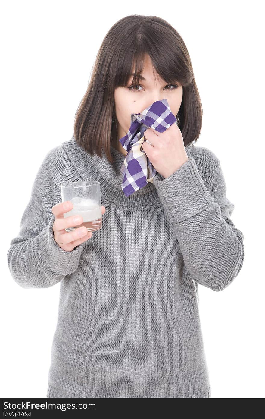 Young adult sick woman over white background