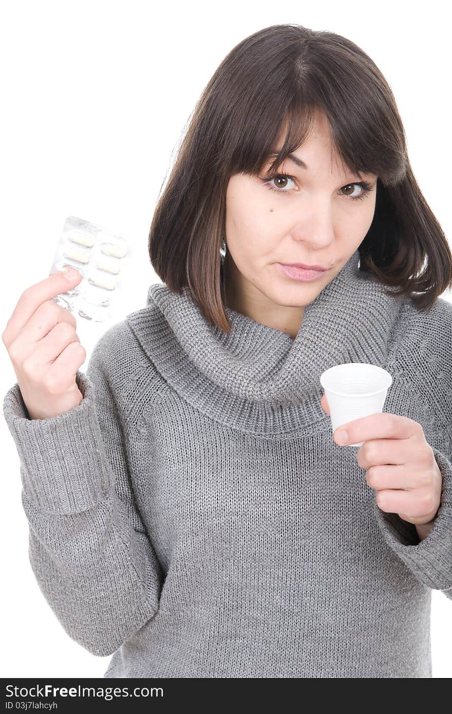 Young adult sick woman over white background