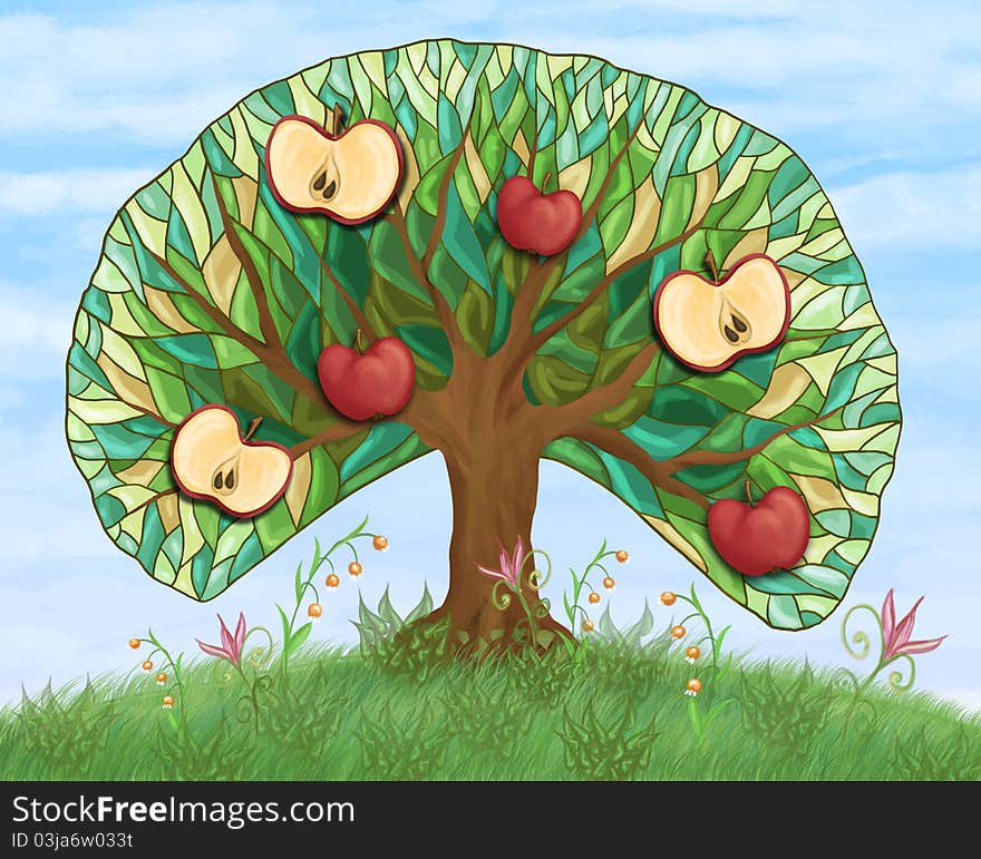 Apple tree with fruits on hill