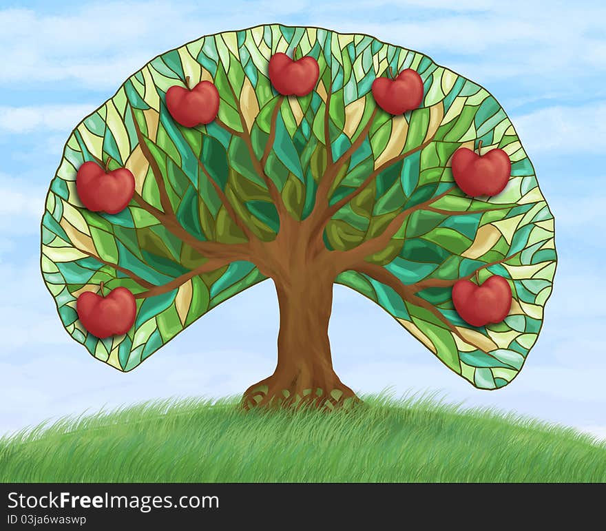 Apple Tree With Fruits On Hill