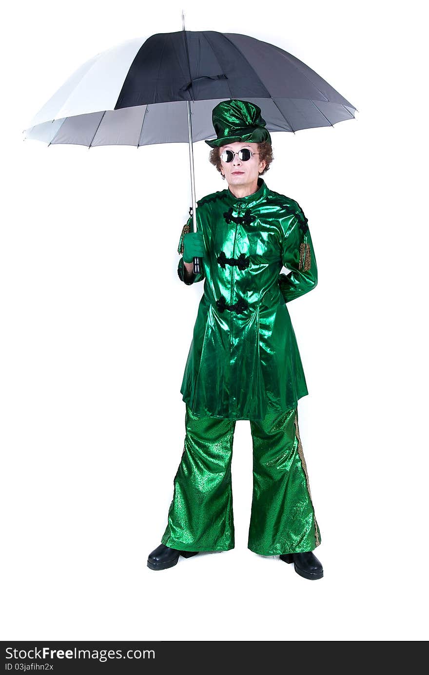 Standing man in green wear and hat with umbrella isolated. Standing man in green wear and hat with umbrella isolated