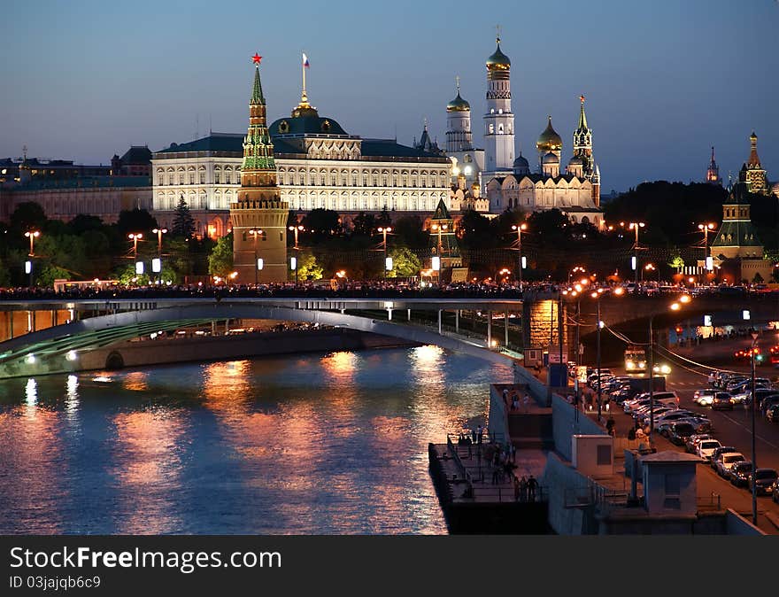 Russia, Moscow, night view of the Moskva River, Bridge and the Kremlin