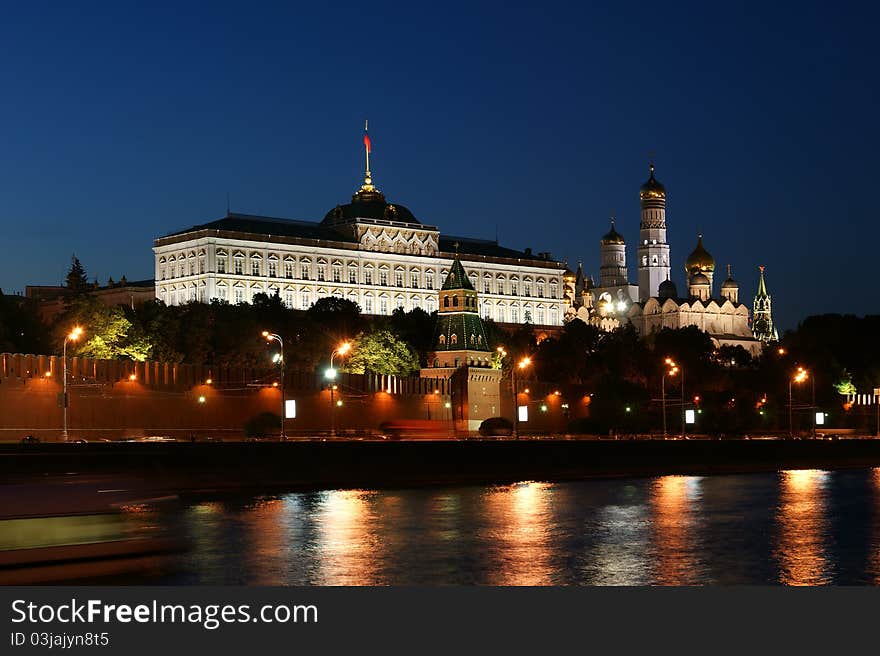 Russia, Moscow, night view of the Moskva River, Bridge and the Kremlin