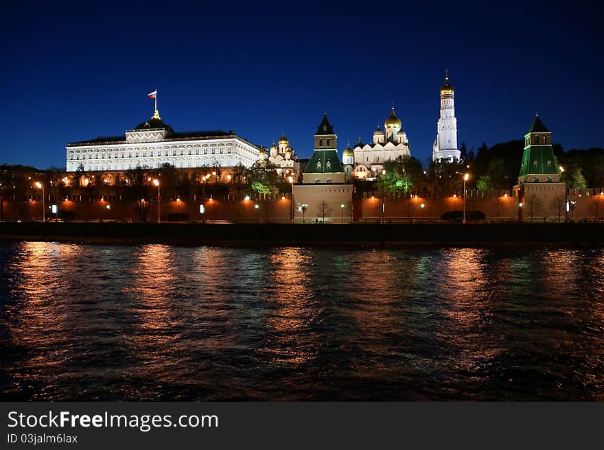 Russia, Moscow, night view of the Moskva River, Bridge and the Kremlin