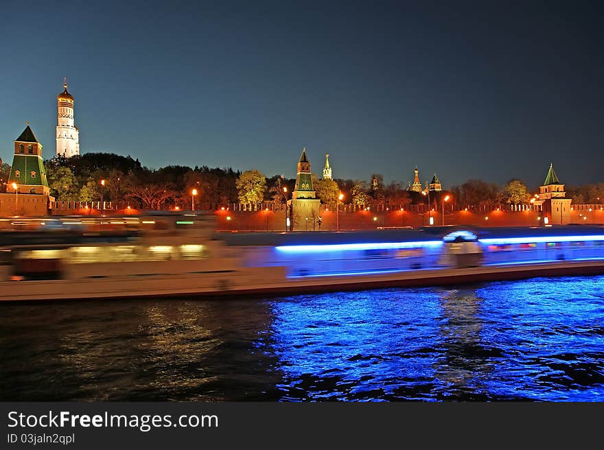 Russia, Moscow, night view of the Moskva River, Bridge and the Kremlin