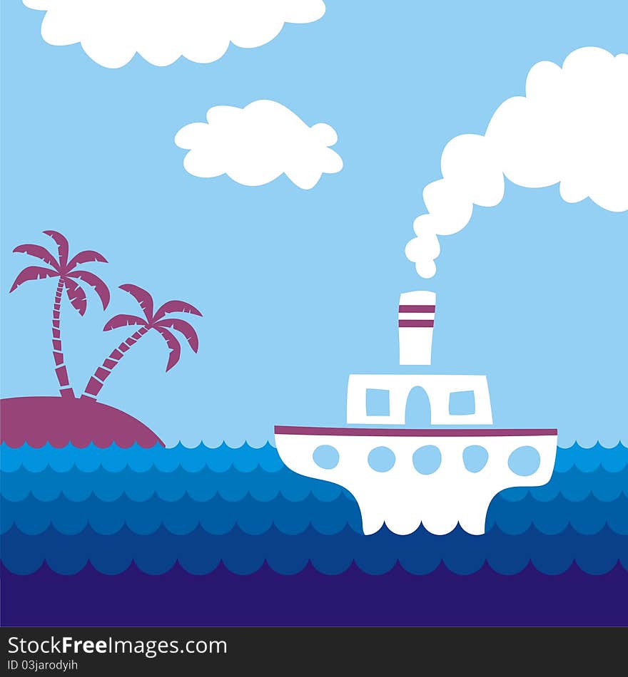 Island in the ocean and white ship. Island in the ocean and white ship