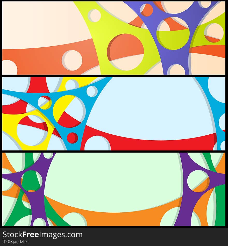 Three banners with color lines and round holes. Three banners with color lines and round holes