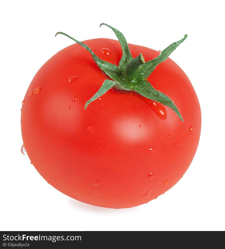 Red ripe tomato with drops isolated on white