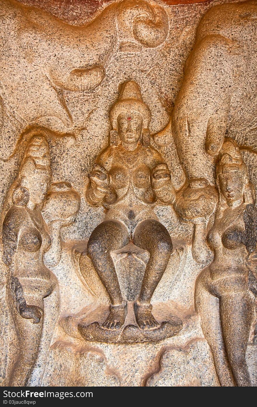 Mythological scene from the cave temples in Mahabalipuram, India. Mythological scene from the cave temples in Mahabalipuram, India.