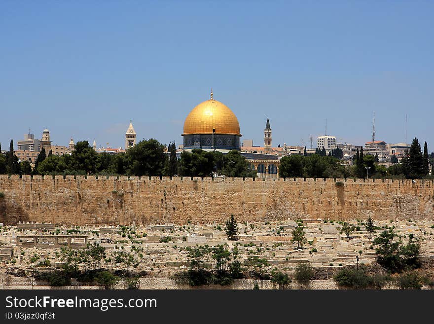 View of Jerusalem and The Dome of the Rock on the Temple Mount from the mount of Olives, Israel