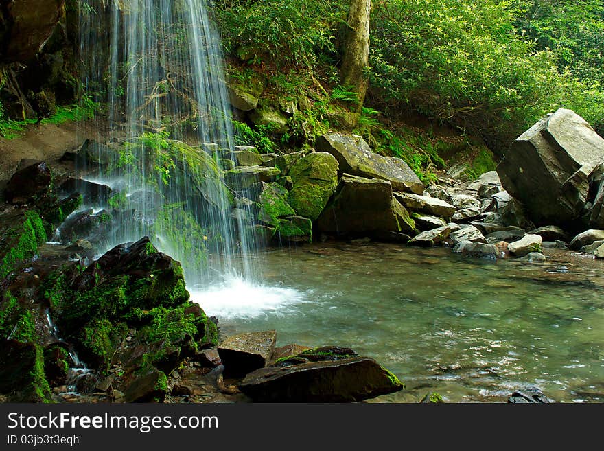 Rocks and pool at the base of Grotto Falls, Great Smokey Mountains National Park. Rocks and pool at the base of Grotto Falls, Great Smokey Mountains National Park